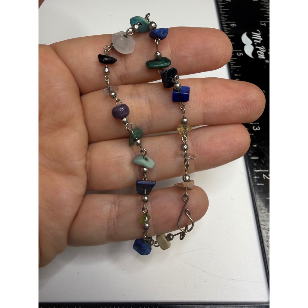 Multi Gemstone Chip Bead Bracelet Silver Tone Hook Clasp Boho Artisan 7.5 Inch